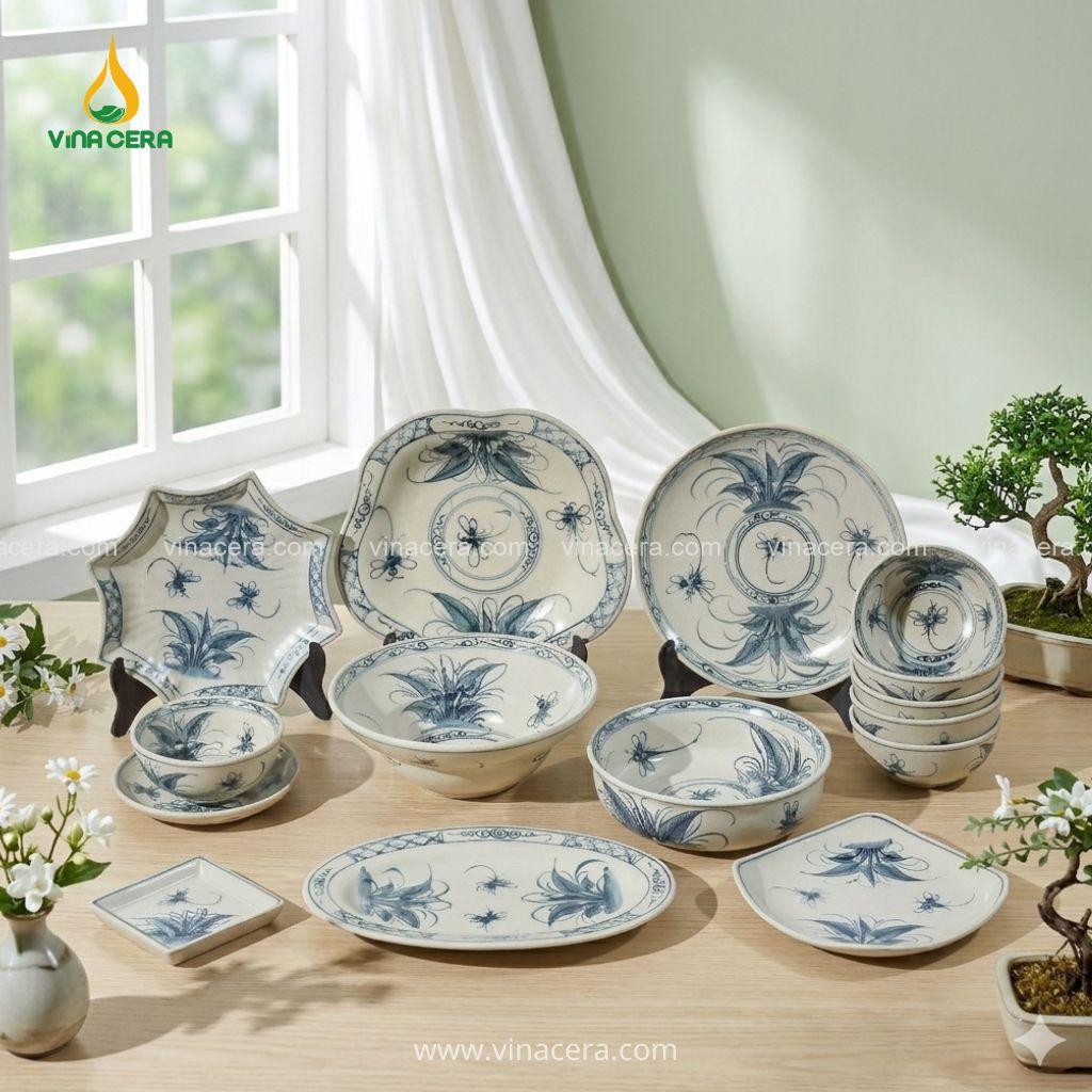 Họa tiết giả cổ trên bộ bát đĩa Bát Tràng 25 món tinh xảo, phong cách truyền thống