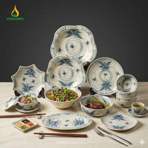 Bộ bát đĩa Bát Tràng giả cổ 25 món phong cách cổ điển cho nhà hàng cao cấp