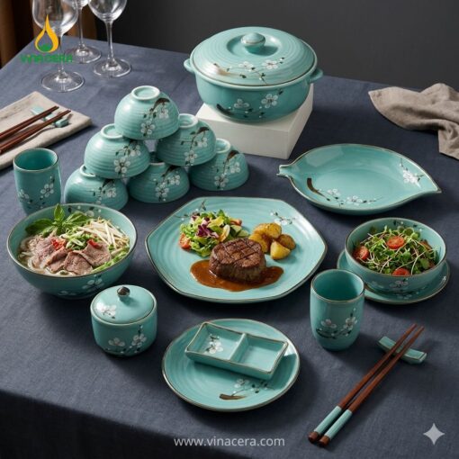 Họa tiết hoa mai xanh vẽ tay trên bát đĩa Bát Tràng tinh xảo, men bóng cao cấp