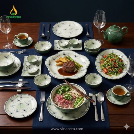 Bộ bát đĩa Bát Tràng men xanh đồng họa tiết chuồn chuồn vẽ tay cao cấp