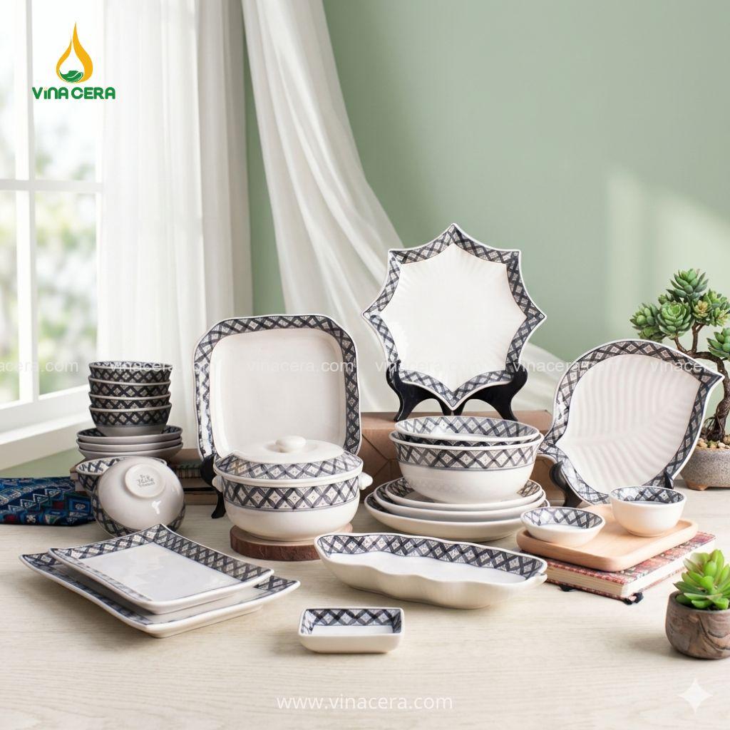 Bộ bát đĩa Bát Tràng viền trám cao cấp cho nhà hàng thiết kế sang trọng