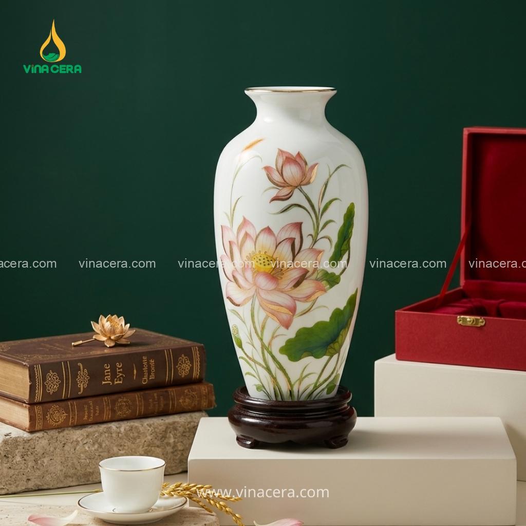 Bình Hoa Sứ Cao Cấp Họa Tiết Hoa Sen Liên Hoa – Quà Tặng Ý Nghĩa