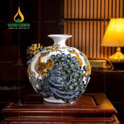 Bình Hút Lộc Đôi Công Đắp Nổi Hoa Phù Dung - BHL 3580724 Bình hút lộc đắp nổi men công đào