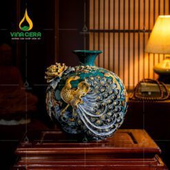 Bình Hút Lộc Đôi Công Đắp Nổi Hoa Phù Dung - BHL 3580724 Bình hút lộc đắp nổi men công đào