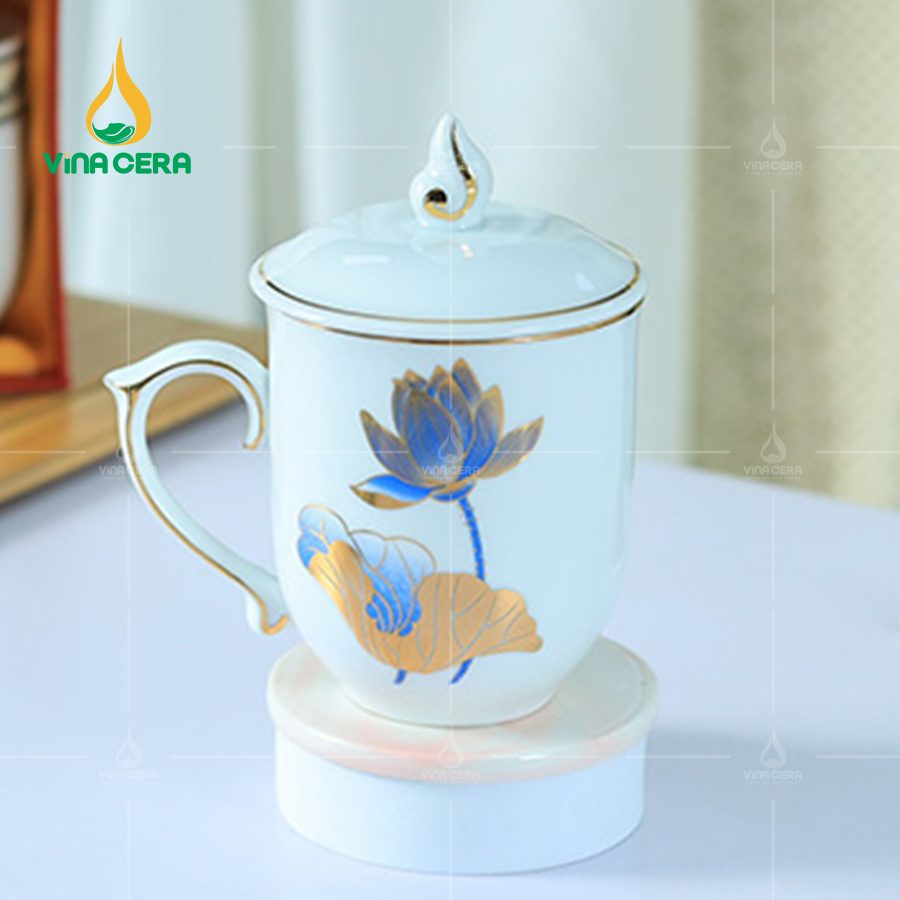 Các mẫu Ly Sứ Bát Tràng Ly Sứ Ngọn Lửa Sen Xanh Kẻ Vàng (1)