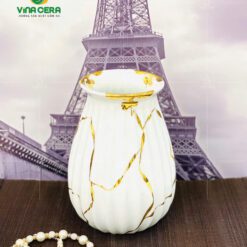 Bình Hoa Sứ Trắng Vẽ Vàng In Logo - SVN BH 07032405 Bình Hoa Sứ Trắng Vẽ Vàng