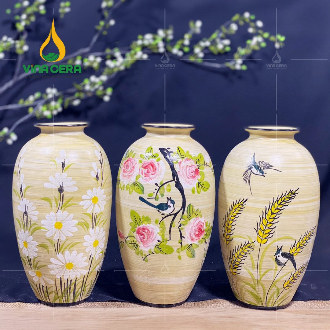 binh-hoa-men-vang (4) - 1 Bình Hoa Gốm Men Vàng Họa Tiết Vẽ Tay