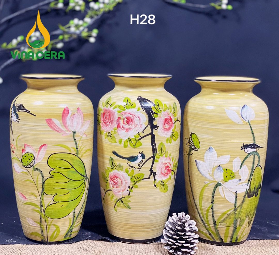 binh-hoa-men-vang (8) Bình Hoa Gốm Men Vàng Họa Tiết Vẽ Tay