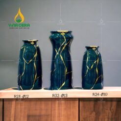 Bình hoa sứ men xanh vẽ vàng