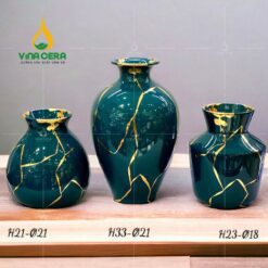 Bình hoa sứ men xanh vẽ vàng