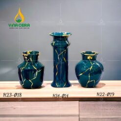 Bình hoa sứ men xanh vẽ vàng