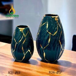 Bình hoa sứ men xanh vẽ vàng
