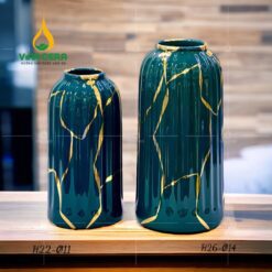Bình hoa sứ men xanh vẽ vàng