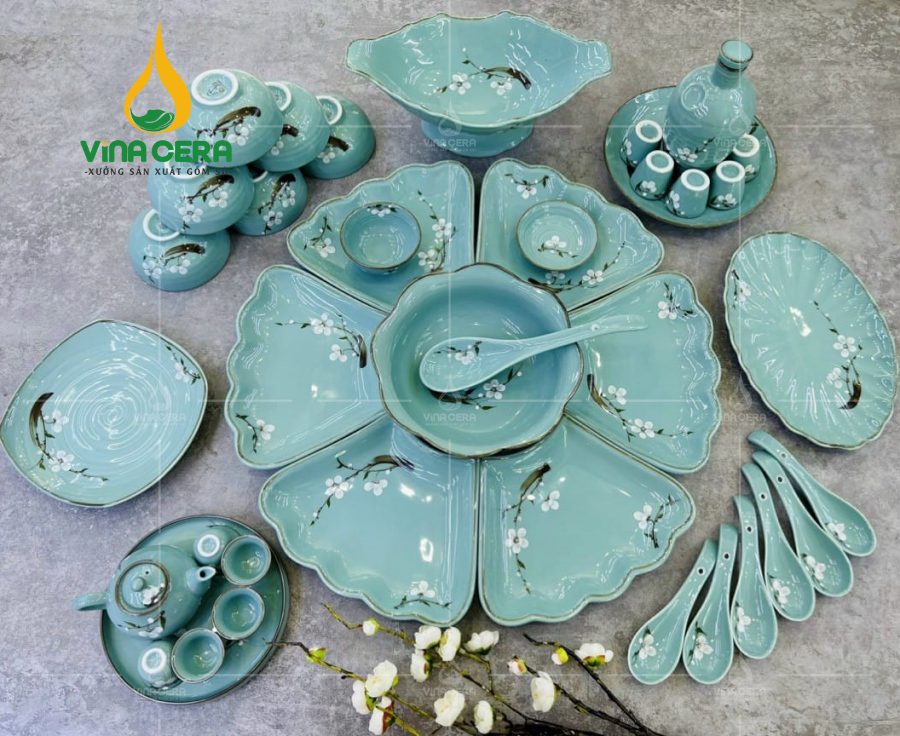 bo-ban-an-hoa-mat-troi-men-ngoc (2) Bộ Chén Đĩa Sứ Hoa Mặt Trời Men Ngọc Vẽ Hoa – SVN BBA 02042401