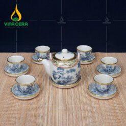 Bộ Ấm Trà Men Rạn Dáng Vại Bọc Đồng Vẽ Sơn Thủy - BTMR-1262524 ấm chén men rạn