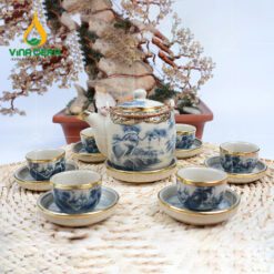 Bộ Ấm Trà Men Rạn Dáng Vại Bọc Đồng Vẽ Sơn Thủy - BTMR-1262524 ấm chén men rạn