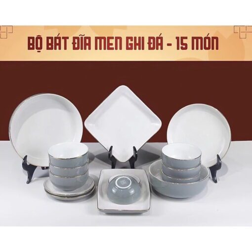 Bộ Bát Đĩa Men Ghi Đá Viền Vàng Kim 15 Món BBA-1052224