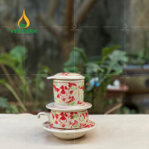 Bộ phin pha cà phê gốm Bát Tràng Hoa Văn