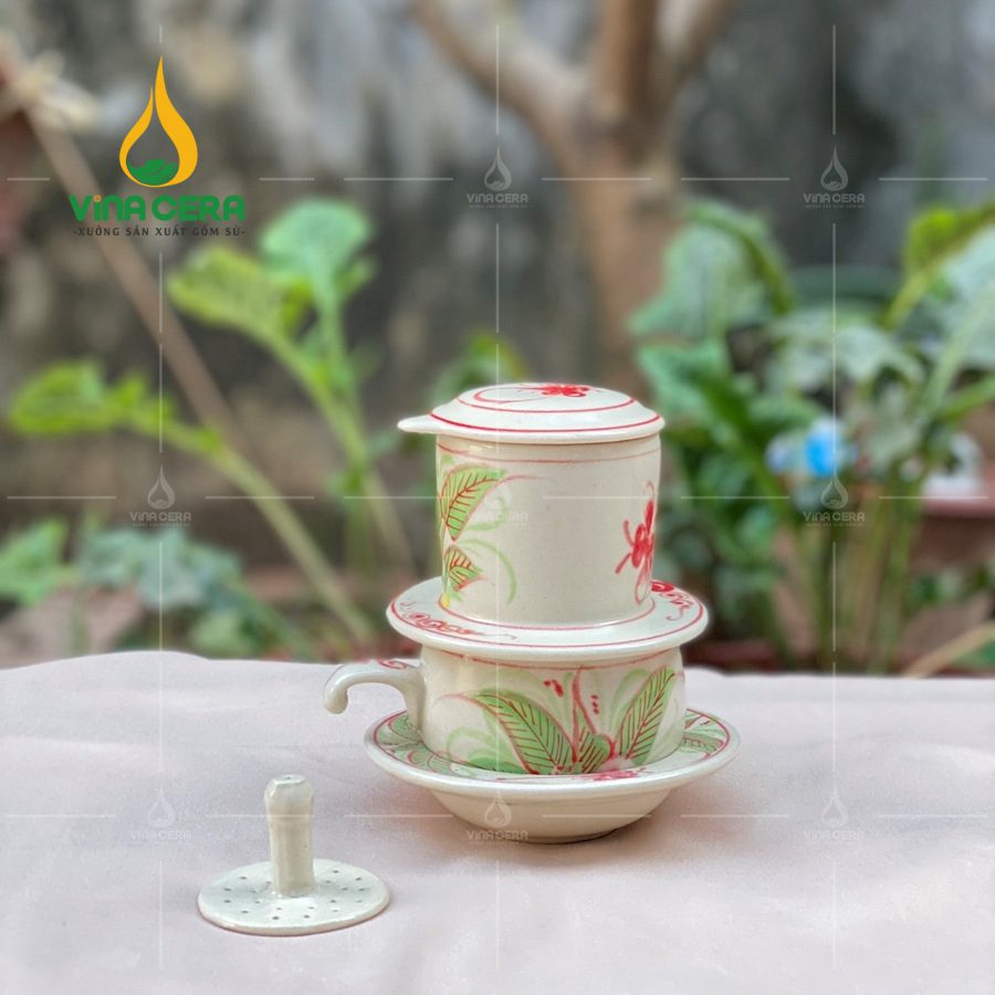 Bộ phin pha cà phê gốm Bát Tràng Hoa Văn