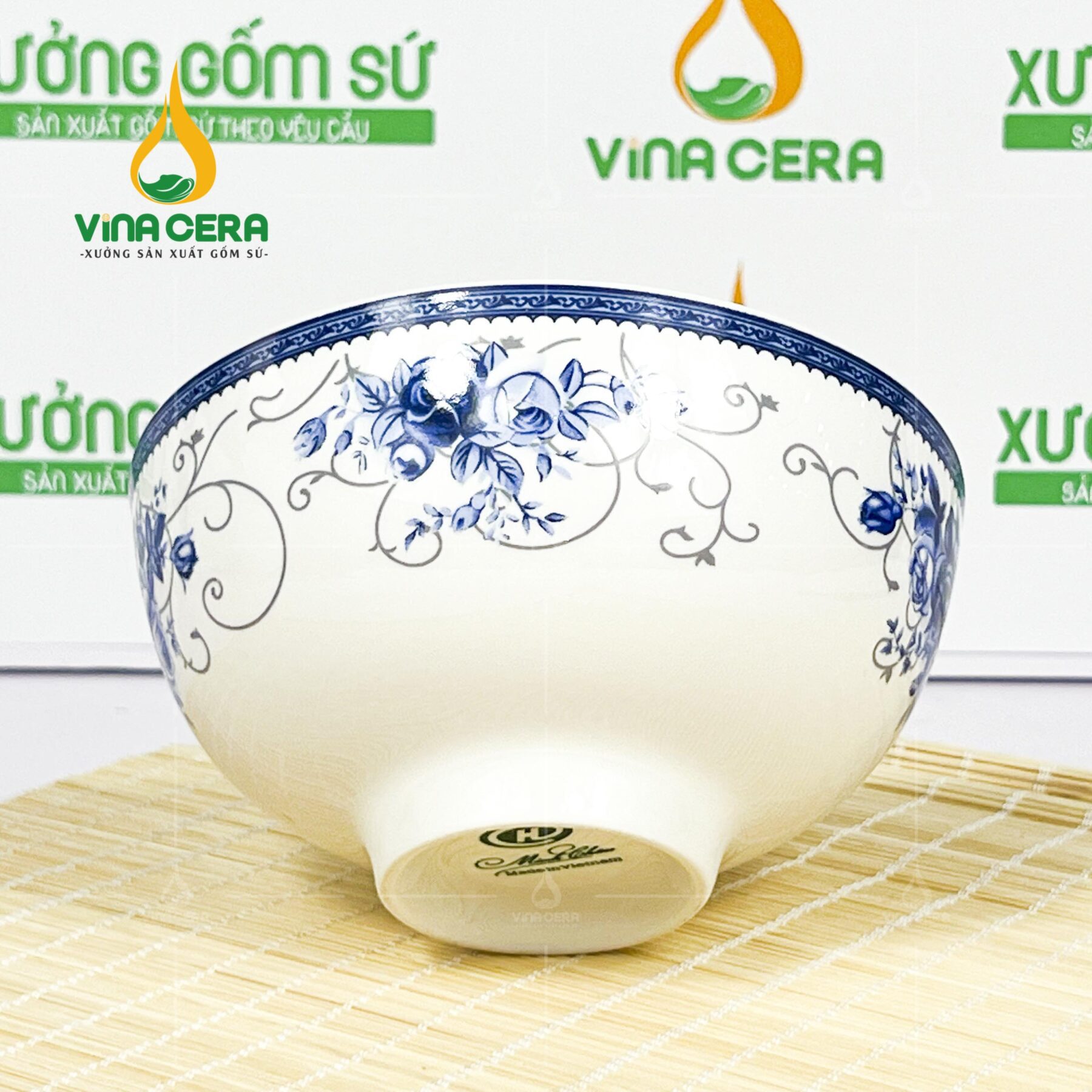 Chén cơm sứ trắng họa tiết hoa xanh