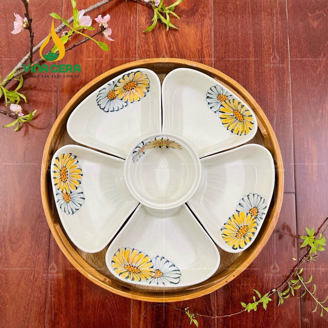 Xưởng sản xuất khay mứt Tết chất lượng làm quà tặng Khay Mứt Tết Sứ Trắng 5 Cánh Vẽ Hoa Đào
