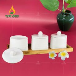 Bộ Khay Mứt Sứ 3 Hũ Trụ Tròn