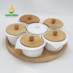 Khay Mứt Sứ 5 Cánh Hoa Mai Nắp Gỗ - KMS 2152324 Khay Mứt Sứ 5 Cánh Hoa Mai Nắp Gỗ