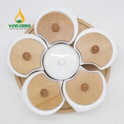Khay Mứt Sứ 5 Cánh Hoa Mai Nắp Gỗ - KMS 2152324 Khay Mứt Sứ 5 Cánh Hoa Mai Nắp Gỗ