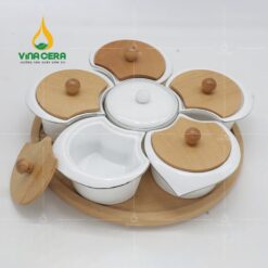 Khay Mứt Sứ 5 Cánh Hoa Mai Nắp Gỗ - KMS 2152324 Khay Mứt Sứ 5 Cánh Hoa Mai Nắp Gỗ