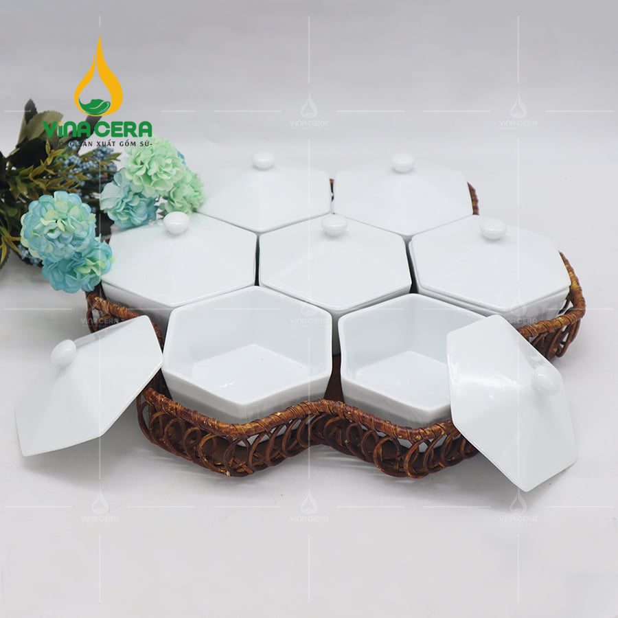 Xưởng sản xuất khay mứt Tết chất lượng làm quà tặng Khay Mứt Sứ Lục Giác Tổ Ong