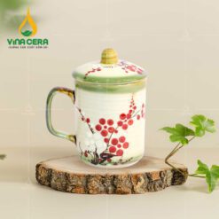 Ly Sứ Men Tro Có Nắp Vẽ Hoa - LS 0152924 Ly Sứ Men Tro Có Nắp Vẽ Mai Vàng