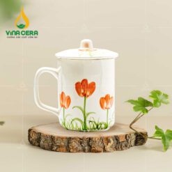 Ly Sứ Men Tro Có Nắp Vẽ Hoa - LS 0152924 Ly Sứ Men Tro Có Nắp Vẽ Mai Vàng