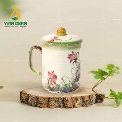 Ly Sứ Men Tro Có Nắp Vẽ Hoa - LS 0152924 Ly Sứ Men Tro Có Nắp Vẽ Mai Vàng