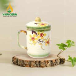 Ly Sứ Men Tro Có Nắp Vẽ Hoa - LS 0152924 Ly Sứ Men Tro Có Nắp Vẽ Mai Vàng
