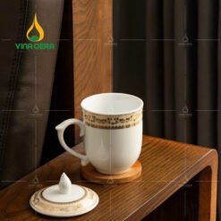Ly Sứ Trắng In Logo Chóp Lửa Kẻ Vàng