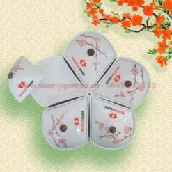 Khay Mứt Sứ Trắng 5 Cánh Vẽ Hoa Đào - KMS-3252424 khay mứt sứ