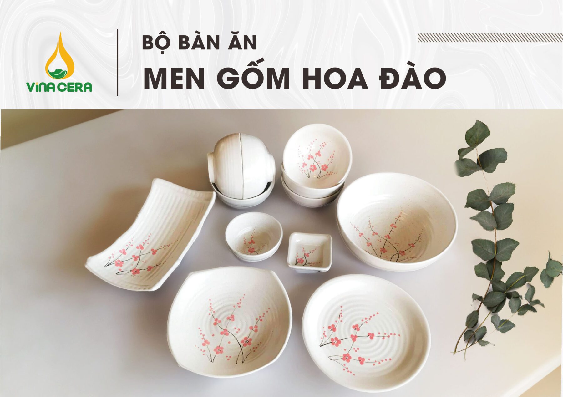 Bộ Bát Đĩa Bát Tràng men Gốm Hoa Đào