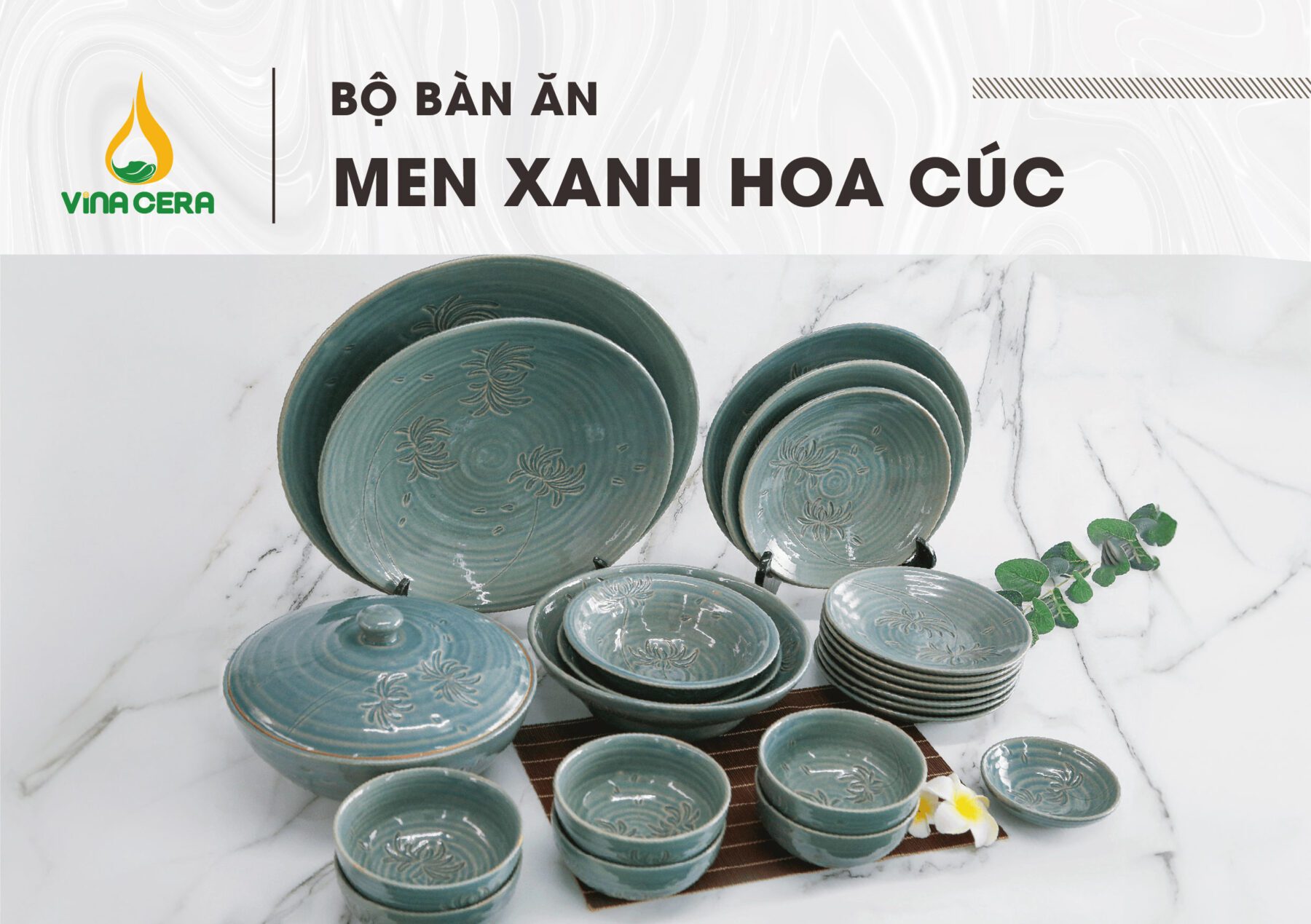 Bộ Bát Đĩa Bát Tràng Hỏa Biến Gấm Xanh Hoa Cúc