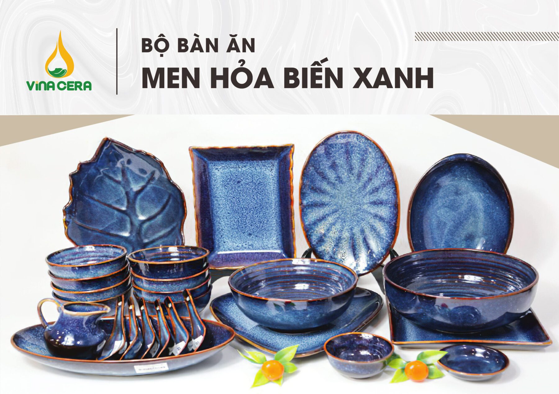 Bộ Bát Đĩa Bát Tràng men Hoa biến Xanh