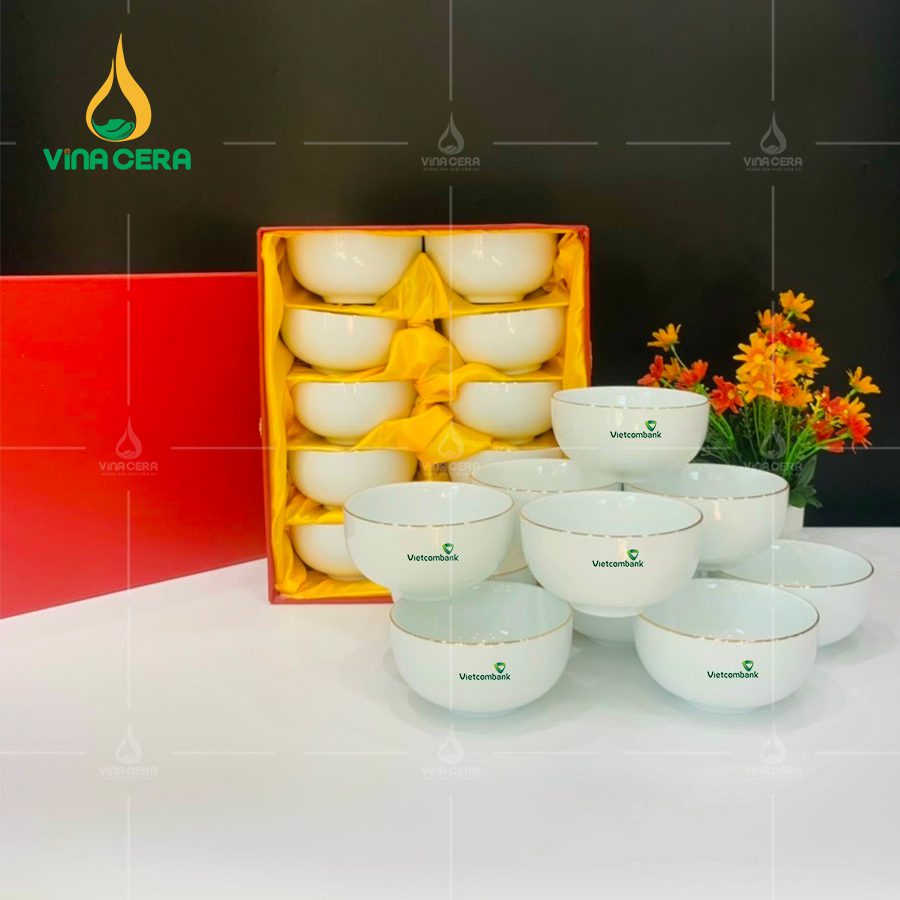 Bộ bàn ăn sứ trắng viền kim in logo