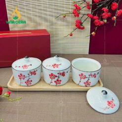 Bộ 3 Hủ Mứt Sứ Trụ Tròn Bát Tràng Vẽ Tay kèm đế Gỗ KHM-0310324