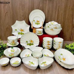 Bộ bát đĩa Bát Tràng cao cấp vẽ sen cam