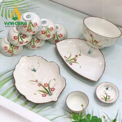 Bộ Bàn Ăn Bát Tràng Cao Cấp Vẽ Đào Chuồn - BBA 102406 Bộ bàn ăn Bát Tràng cao cấp vẽ đào chuồn
