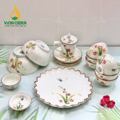 Bộ Bàn Ăn Bát Tràng Cao Cấp Vẽ Đào Chuồn - BBA 102406 Bộ bàn ăn Bát Tràng cao cấp vẽ đào chuồn