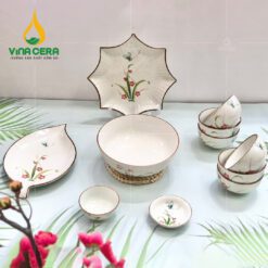 Bộ Bàn Ăn Bát Tràng Cao Cấp Vẽ Đào Chuồn - BBA 102406 Bộ bàn ăn Bát Tràng cao cấp vẽ đào chuồn