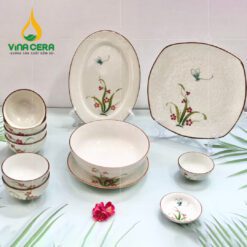 Bộ Bàn Ăn Bát Tràng Cao Cấp Vẽ Đào Chuồn - BBA 102406 Bộ bàn ăn Bát Tràng cao cấp vẽ đào chuồn