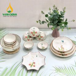 Bộ Bàn Ăn Bát Tràng Cao Cấp Vẽ Đào Chuồn - BBA 102406 Bộ bàn ăn Bát Tràng cao cấp vẽ đào chuồn