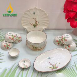 Bộ Bàn Ăn Bát Tràng Cao Cấp Vẽ Đào Chuồn - BBA 102406 Bộ bàn ăn Bát Tràng cao cấp vẽ đào chuồn