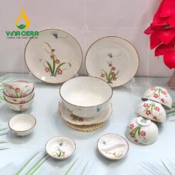Bộ Bàn Ăn Bát Tràng Cao Cấp Vẽ Đào Chuồn - BBA 102406 Bộ bàn ăn Bát Tràng cao cấp vẽ đào chuồn