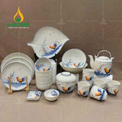 Bộ Bàn Ăn Bát Tràng Men Kem Họa Tiết Gà Trống - BBA 102412 Bộ bàn ăn Bát Tràng men kem họa tiết gà trống